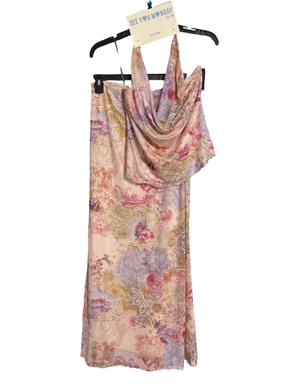 See You Monday Pastel Floral Satin Halter Maxi Dress